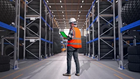 Full Body Back View Of Asian Male Engineer Working On A Green Screen Tablet Stock Footage 341787901