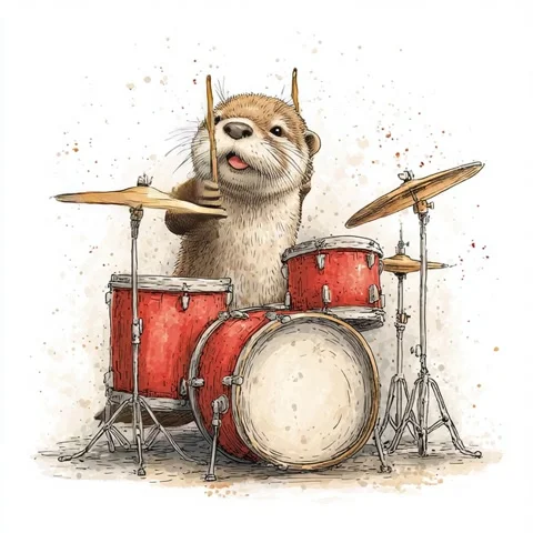 Full body a cute otter playing drum set  watercolor style Stock Footage 312400019