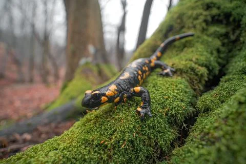 Full body Fire salamander (Salamandra salamandra) sitting on green wet moss Stock Photos