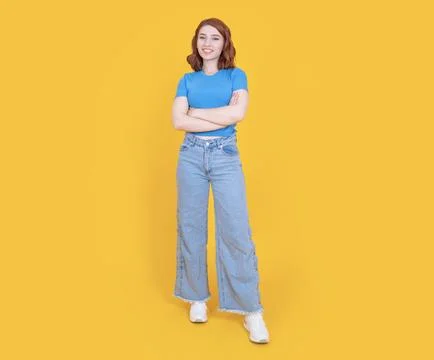 Full body front view young caucasian confident calm positive woman Stock Photos