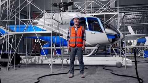 Full Body Of Male Engineer Smiling and Inspecting Helicopter Stock Footage 312126749