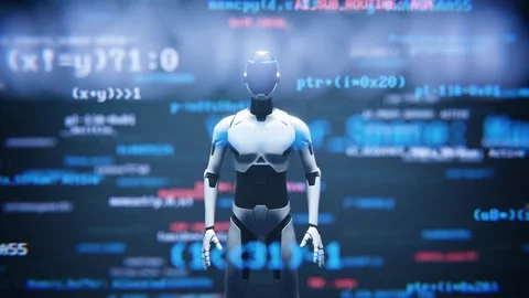 Full body robot assistant with software interface loop animation. Stock Footage 347808884