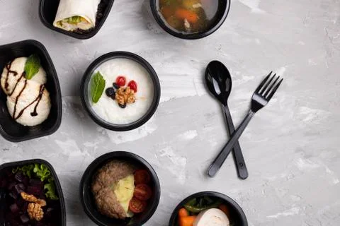 Full breakfast course and no sugar concept, school meal in containers Stock Photos