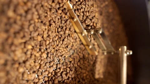 Full of coffee beans coffee roasting machine hull, closeup Stock Footage 170697477