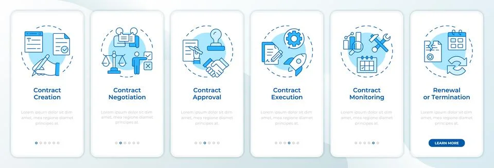 Full contract lifecycle stages blue onboarding mobile app screen Stock Illustration
