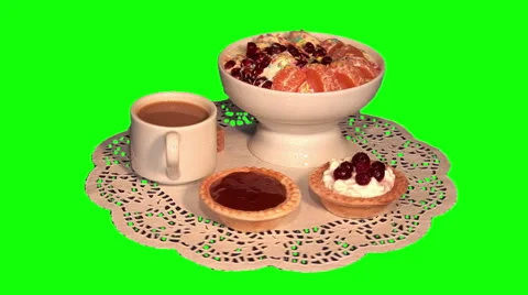 Full – cream ice with fruit, white coffee and cane sugar, 2 sweet tartlets Stock Footage 48613690