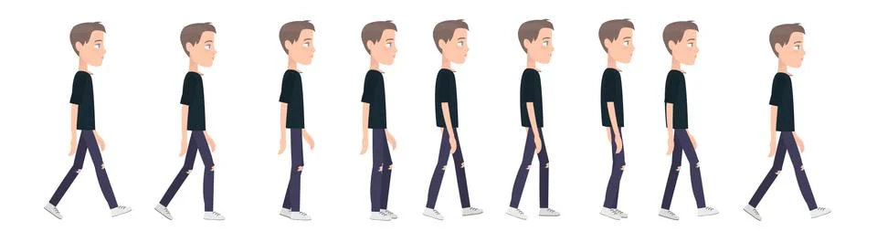 Full cycle of gait animation of a young guy in trendy clothes. Stock Illustration