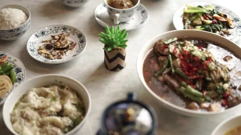 Full dishes on white table Stock Footage 261248807