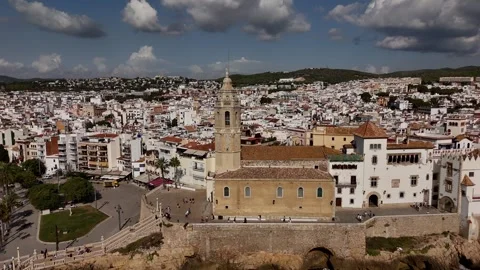 Full drone orbit around church of Saint Bartholomew and Saint Tecla, Sitges. Stock Footage 319944485
