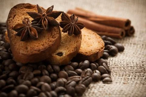 Full-flavored crackers with roasted coffee beans Stock Photos