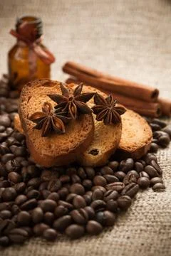 Full-flavored crackers with roasted coffee beans. macro Stock Photos