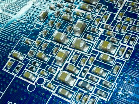 Full focus circuit board with microchips and other electronic components Stock Photos