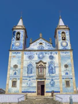 Full-frame architectural view of the blue and white tiled facade of the Igr.. Stock Photos