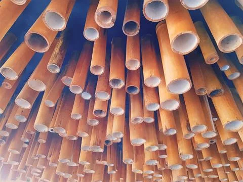 Full Frame Background of Ceiling Decoration with Bamboo Sticks Foto stock