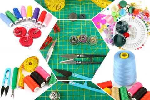 Full frame background collage of colorful sewing accessories including thre.. Stock Photos