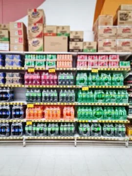 Full Frame Blurred Background of Packs of Soft Drink Bottles on Shelf Stock Photos