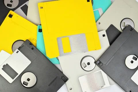 Full Frame Close up of 3.5 Inch Floppy disks for background. Retro digital Stock Photos