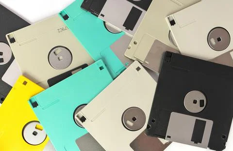 Full Frame Close up of 3.5 Inch Floppy disks for background. Retro digital Stock Photos