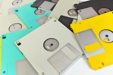 Full Frame Close up of 3.5 Inch Floppy disks for background. Retro digital Stock Photos