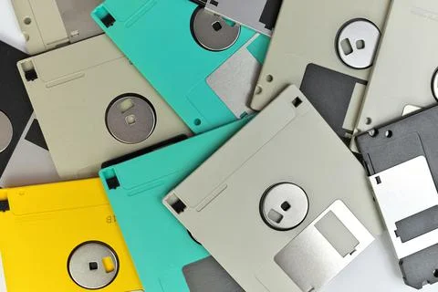 Full Frame Close up of 3.5 Inch Floppy disks for background. Retro digital Stock Photos