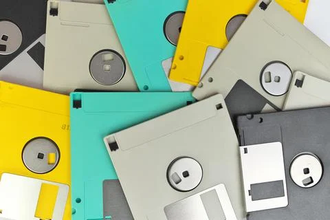 Full Frame Close up of 3.5 Inch Floppy disks for background. Retro digital Stock Photos