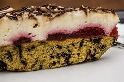 Full frame closeup of delicious raspberry, chocolate chip, torte Stock Photos