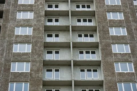 Full Frame Concrete Panel Building Facade with Plastic Windows Installed Stock Photos