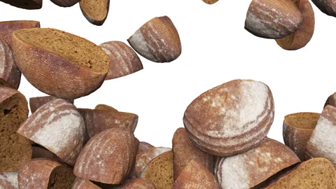 Full frame of falling fresh crusts of unleavened bread on white background. 스톡 동영상 294491672