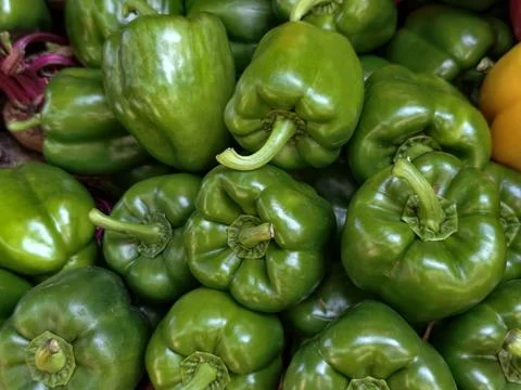 Full frame of fresh green bell peppers texture background Stock-Fotos