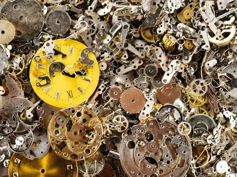 Full frame of gears, clock faces and metal parts of internal mechanism of t.. Stock Photos