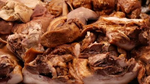 Full frame image of brown cooked pork meat with fatty layer Stock Photos