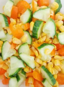 Full frame image of salad with cucumber, sweetcorn and sweet potato Stock Photos