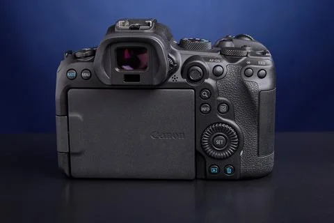 Full frame mirrorless digital camera Canon EOS R6 with familiar elements such Stock Photos