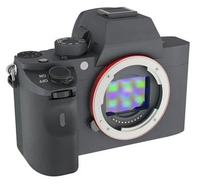 Full frame mirrorless interchangeable lens digital camera, body. 3D render... Foto stock