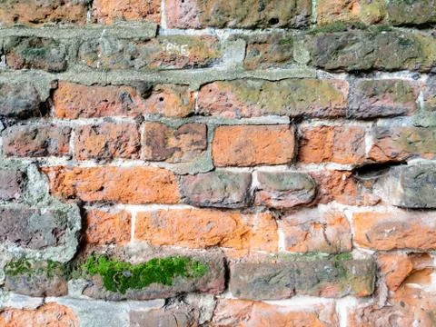 Full frame old red brick wall with moss Stock Photos