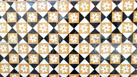 Full Frame Pattern of Geometric Azulejo Tiles with Yellow Snowflake Motifs .. Stock Photos