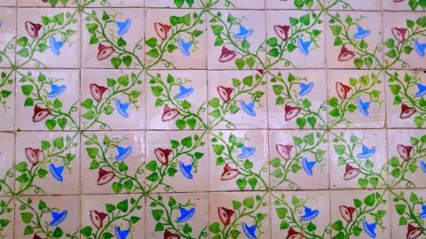 Full Frame Pattern of Hand Painted Vintage Azulejo Tiles with Floral Motifs Stock Photos