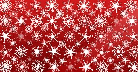 Full frame shot of white snowflakes and star shapes on red background Stock Illustration