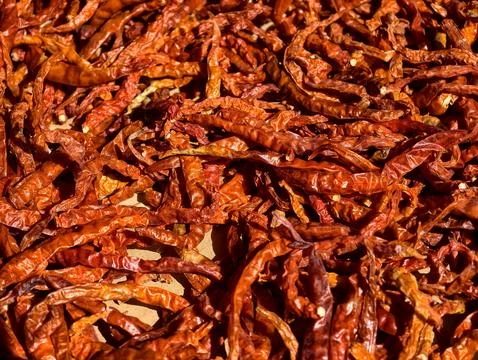 Full frame of sun dried red chili peppers texture background Stock Photos
