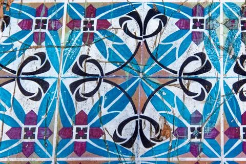 Full Frame Texture Shot of Distressed Traditional Tunisian Ceramic Wall Til.. Stock Photos