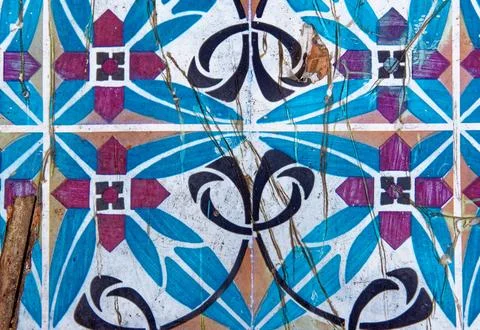 Full Frame Texture Shot of Distressed Traditional Tunisian Ceramic Wall Til.. Stock Photos