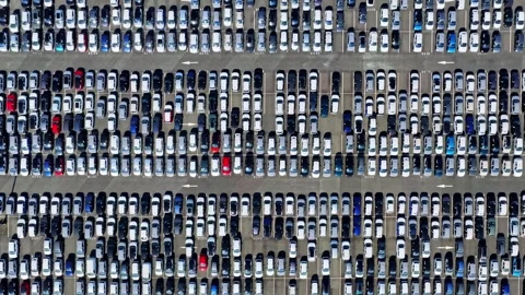 Full Frame Top Down View of Thousands of New Cars Parked at Port of Bordeaux Stock Footage 346576224