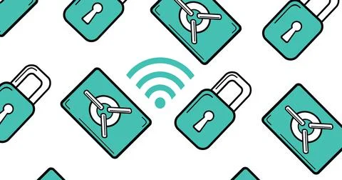 Full frame vector image of padlocks with lockers and wifi icon over white Stock Illustration