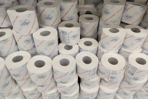 Full frame view on large stacks of russian soft toilet paper rolls Stock Photos