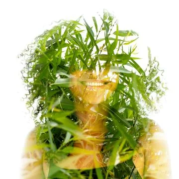 A full-front double exposure portrait of a young smiling woman Foto stock