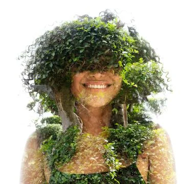 A full-front double exposure portrait of a young woman smiling with frizzy hair Foto stock