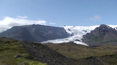 Full glacier view behind terminal moraines with grass Stock Footage 37793592