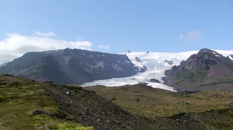 Full glacier view behind terminal moraines with grass Stock Footage 37793604