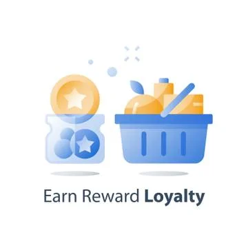 Full grocery basket, loyalty program, reward for purchase, earn bonus points, Stock Illustration