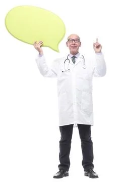In full growth. brooding doctor with a speech bubble. Stock Photos